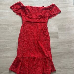 BCBGMaxAzria Red Lace Off-Shoulder Midi Dress